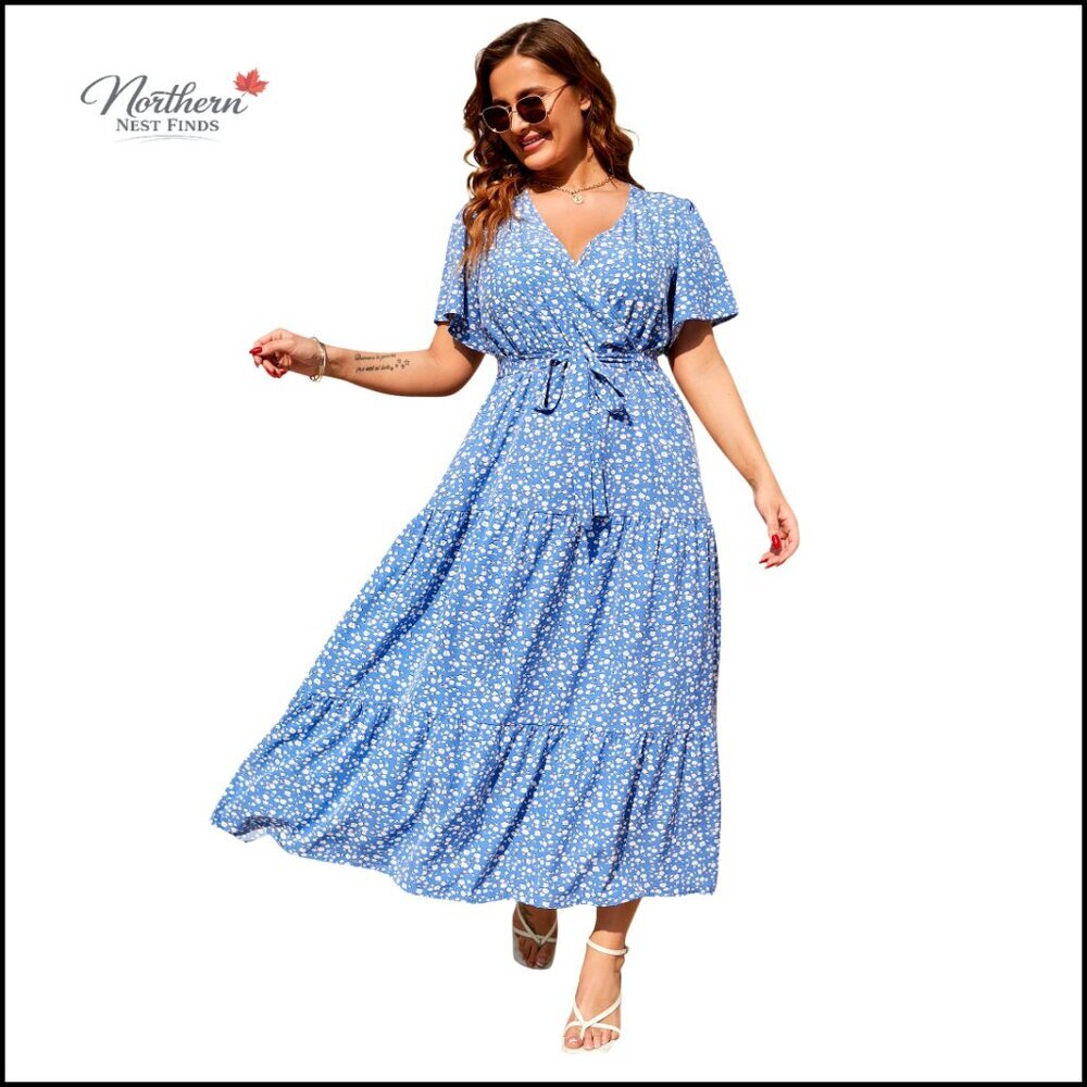 Plus Size V Neck Wrap Maxi Dress High Waist Ruffle Casual Summer Dress